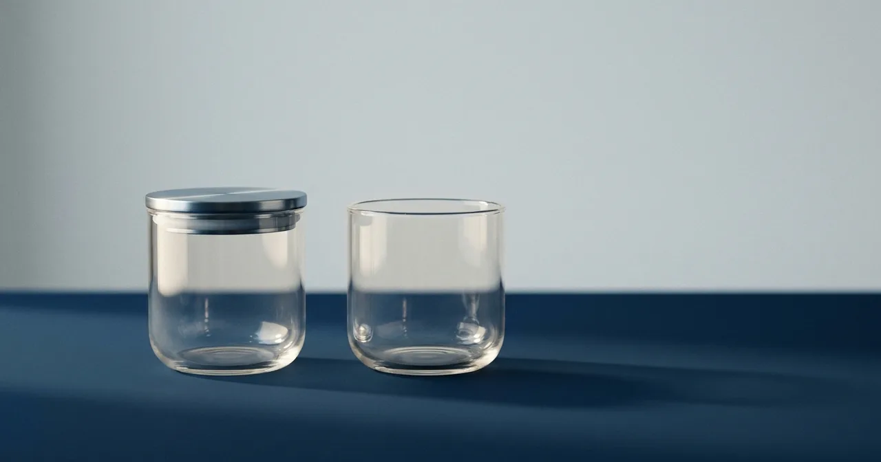 Deux récipients de verre identiques posés côte à côte, l'un fermé par un couvercle d'acier, l'autre resté ouvert, sur une surface marine.