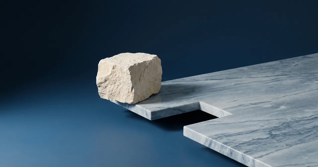 Un bloc de pierre claire posé au bord d'une plaque de marbre dont l'angle a été entaillé, sur fond bleu acier, lumière rasante.