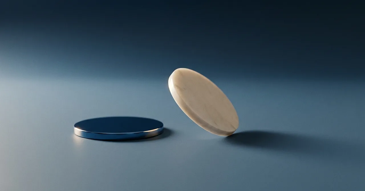 Deux disques posés côte à côte, l'un immobile à plat, l'autre incliné en équilibre sur son bord, sur une surface bleu acier.