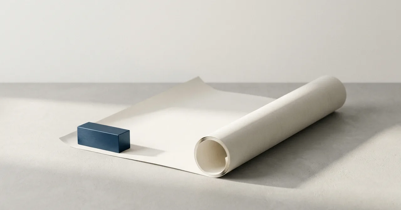 Rouleau de plan d'architecte vierge, partiellement déroulé, maintenu par un bloc de métal marine.
