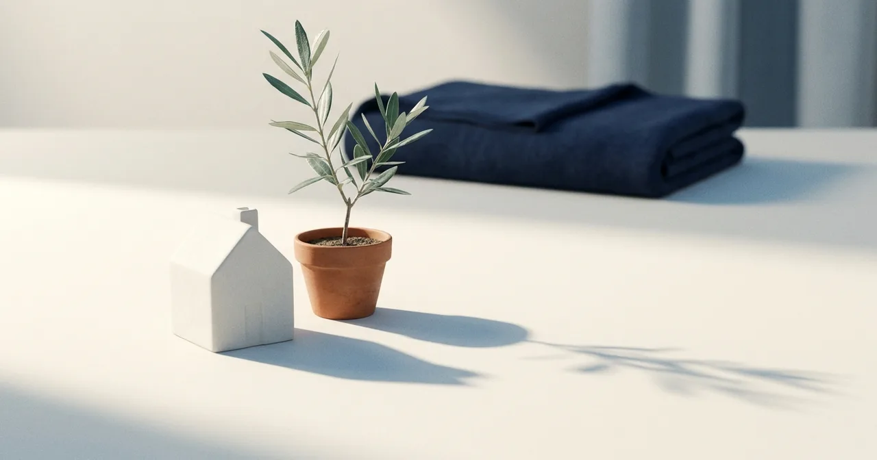 Maquette de maison blanche à côté d'un petit olivier en pot, sur une table claire.