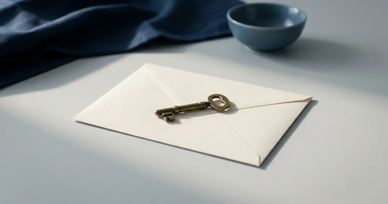 Clé en laiton posée sur une enveloppe crème vierge, sur une table gris clair.