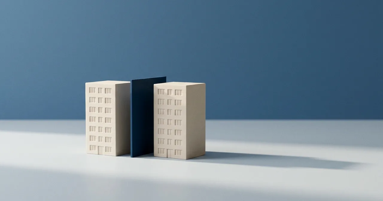Deux maquettes d'immeubles de hauteur identique séparées par un fin séparateur bleu marine.