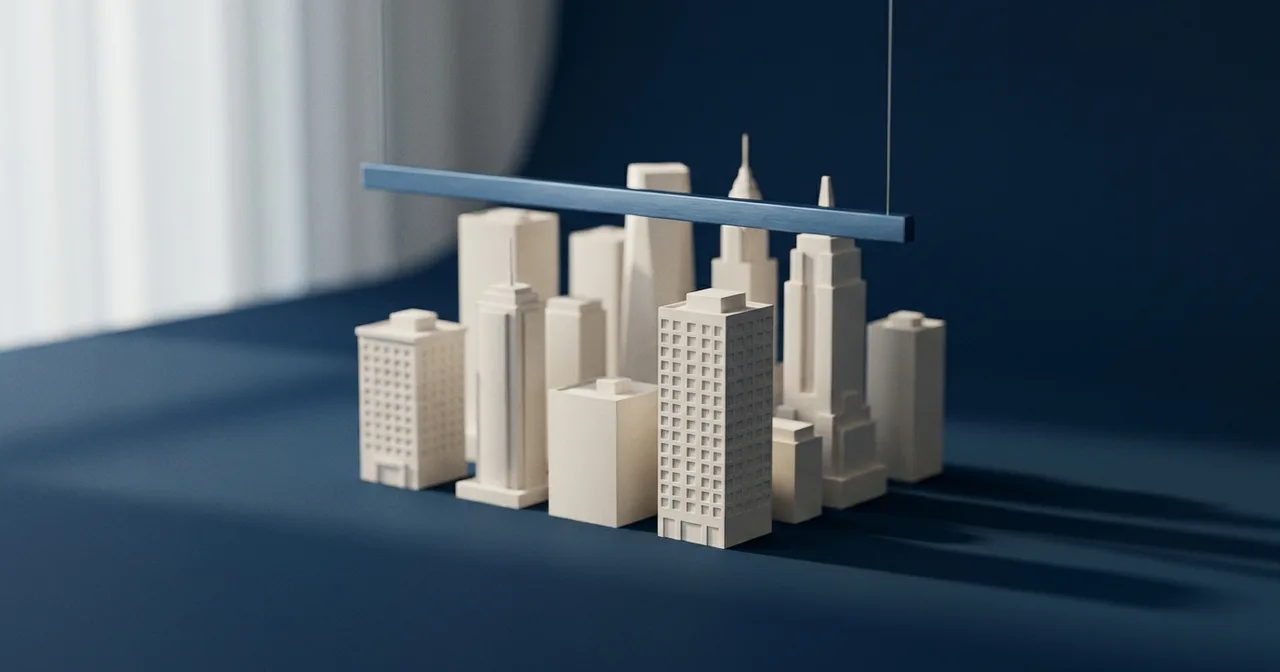 Groupe de maquettes d'immeubles blancs surmonté d'une fine barre d'acier suspendue au-dessus des toits.