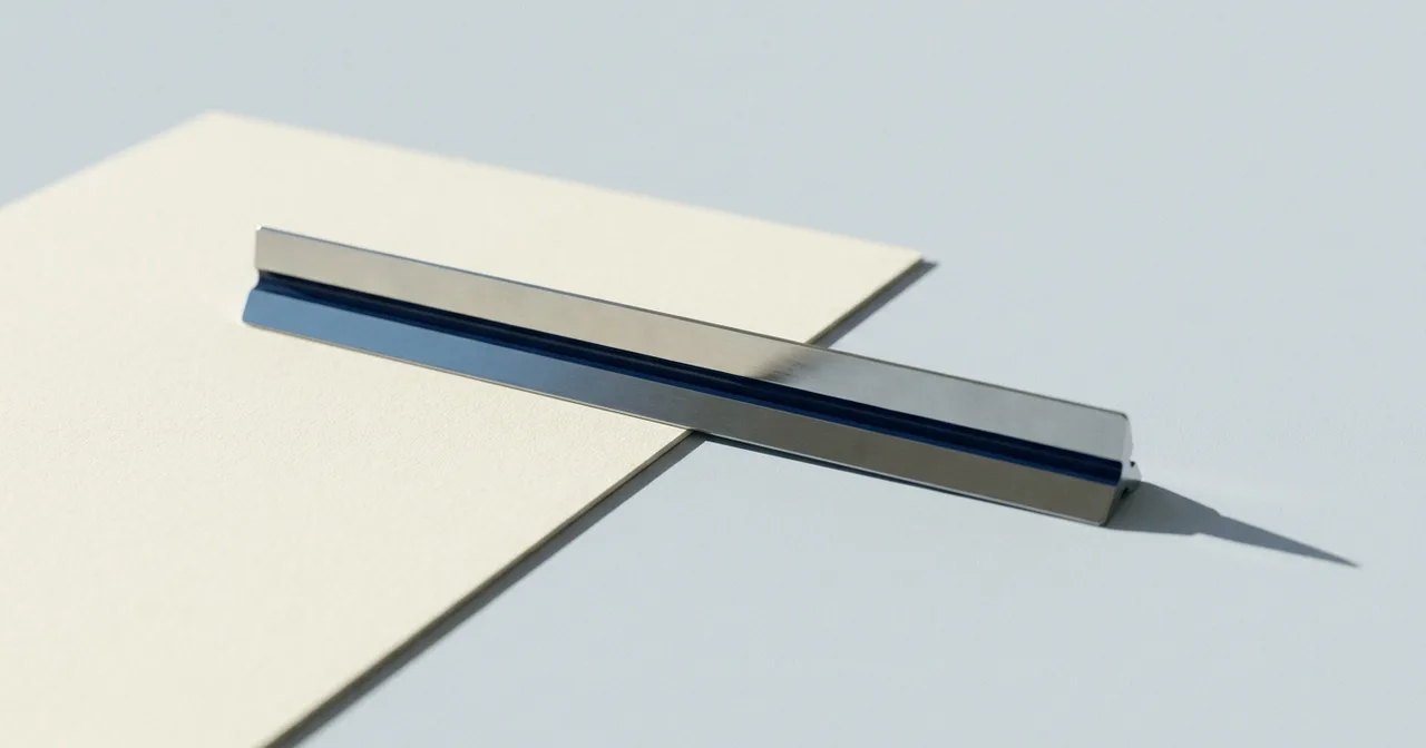 Règle d'acier posée en travers d'une feuille crème, projetant une ombre nette.