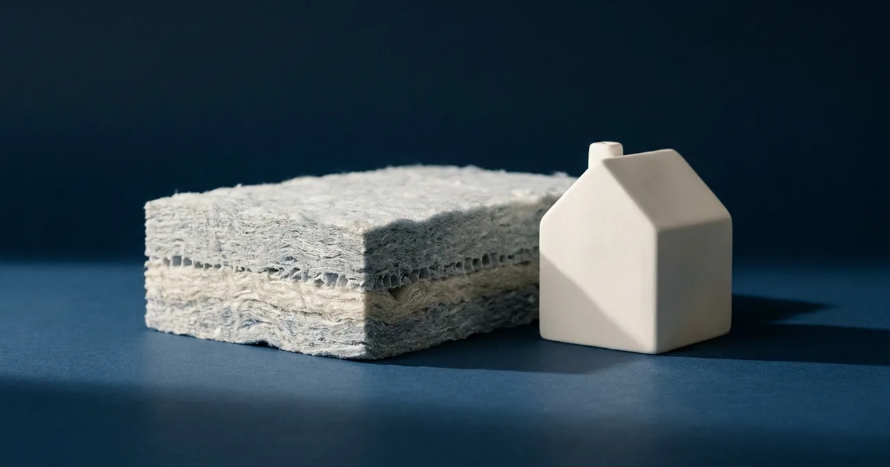 Bloc d'isolant clair en coupe, à côté d'une maquette de maison blanche sur une surface marine.