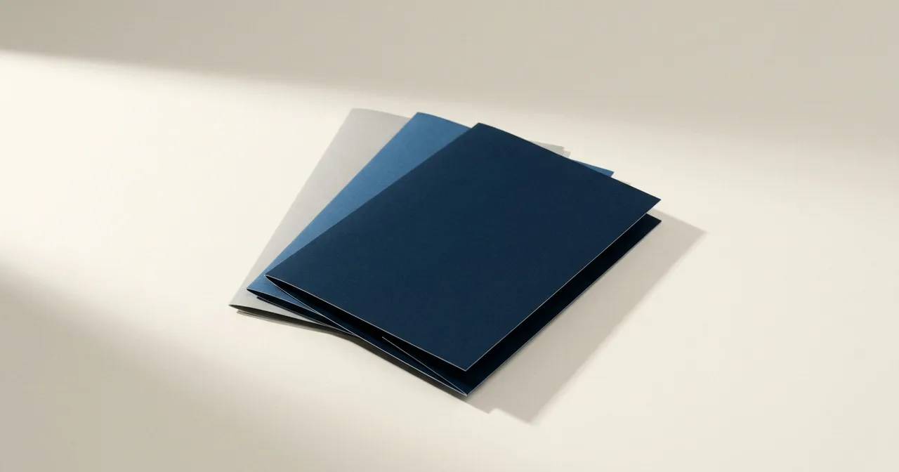 Trois chemises cartonnées marine, bleu acier et grise, disposées en éventail sur un bureau clair.