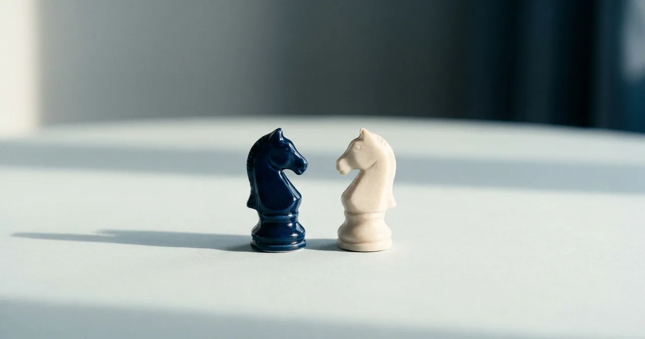 Deux cavaliers d'échecs, l'un marine l'autre blanc, se faisant face sur un plateau épuré.