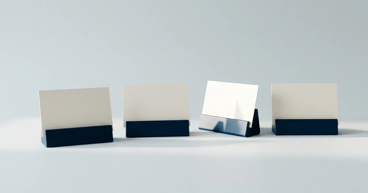 Quatre porte-cartes bleu marine alignés, chacun portant une carte crème vierge, l'un légèrement tourné.