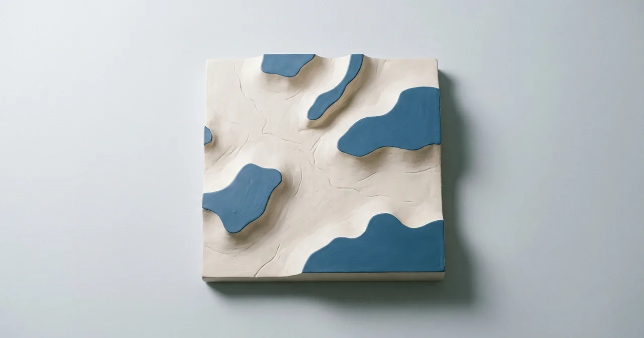 Carte en relief abstraite en plâtre clair, certaines zones surélevées en bleu acier.