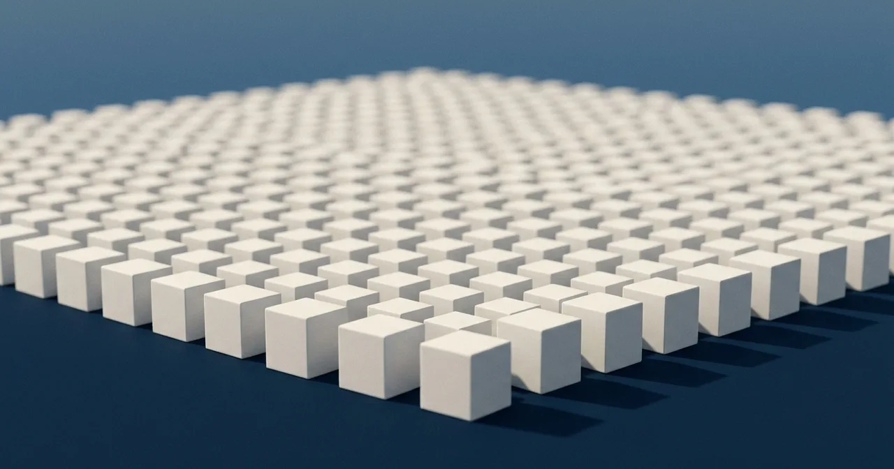 Série de petits volumes cubiques blancs de taille identique, alignés en grille serrée sur un plan marine.