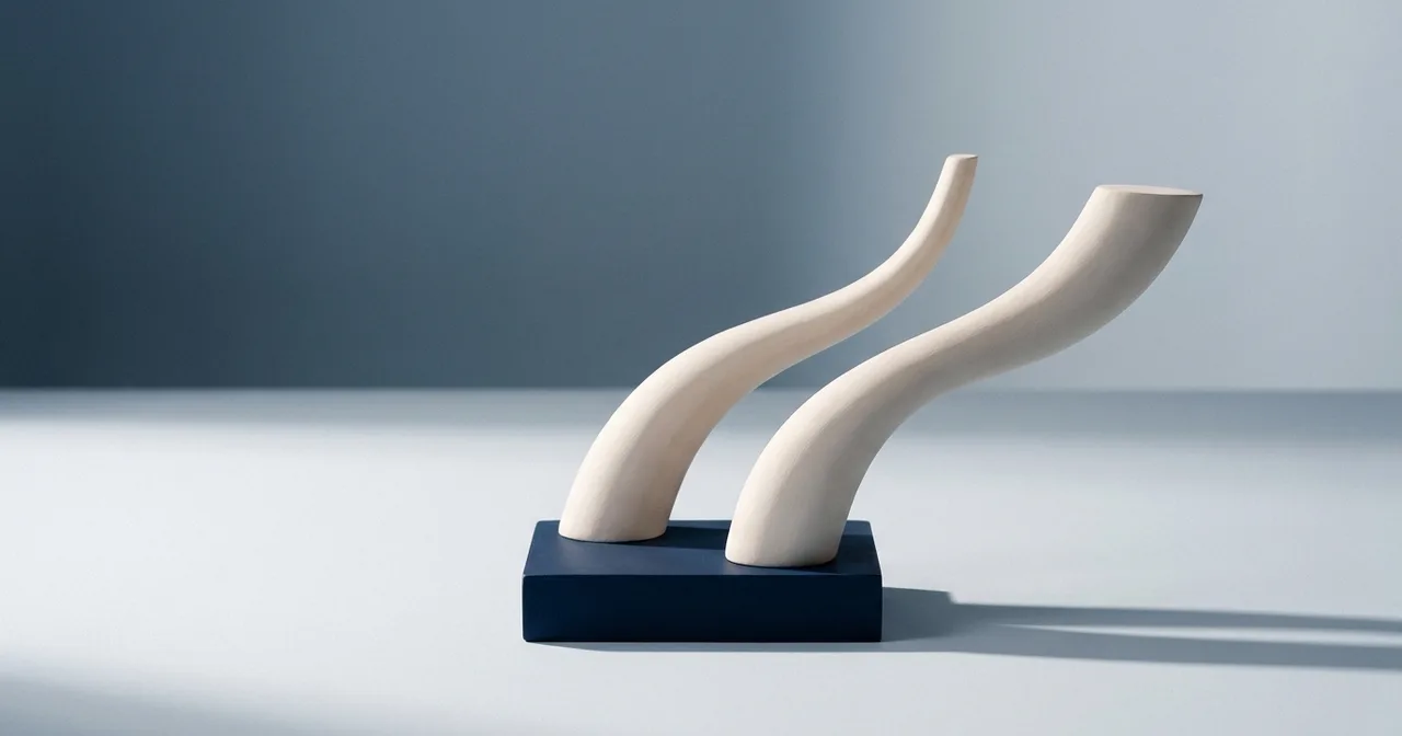 Deux courbes sculpturales en plâtre clair s'écartant progressivement l'une de l'autre sur un socle marine.