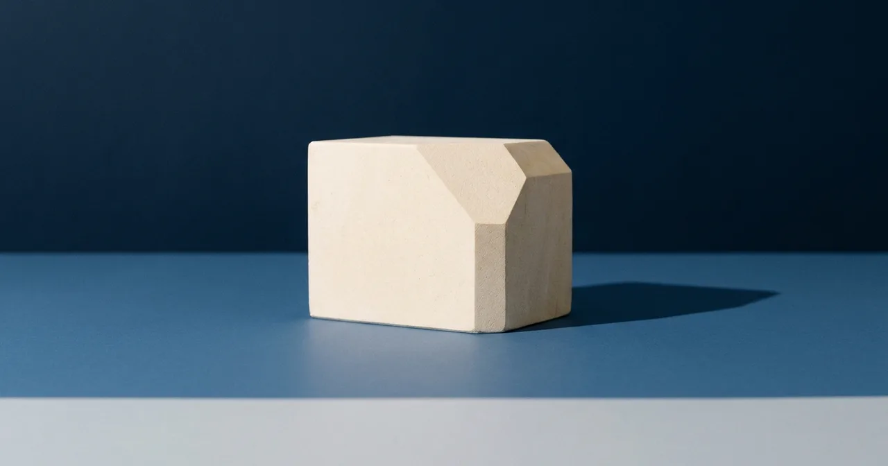 Bloc de pierre claire dont un angle a été retaillé, posé sur une surface bleu acier.