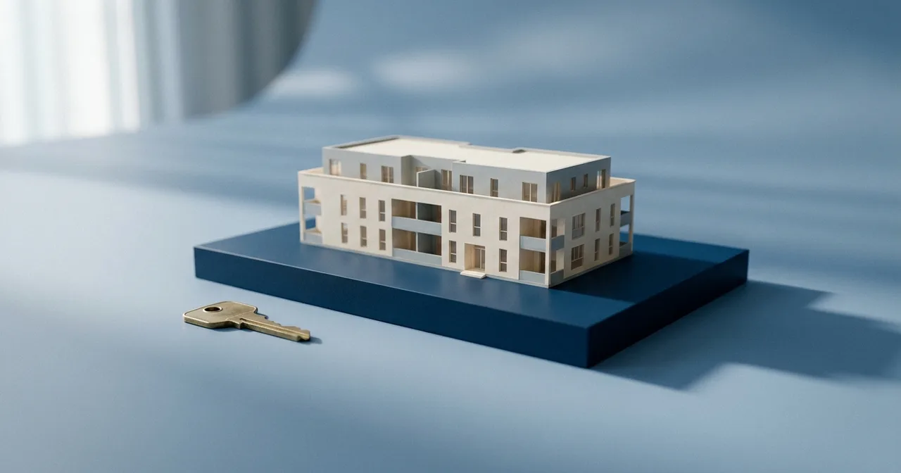 Maquette d'un petit immeuble d'habitation posée sur un socle bleu marine, à côté d'une clé en laiton.