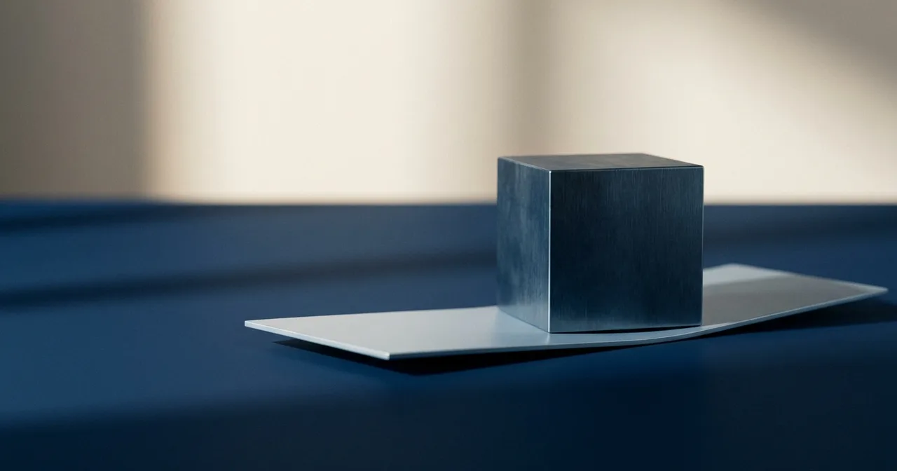 Cube d'acier brossé posé sur une fine plateforme claire qui fléchit imperceptiblement.