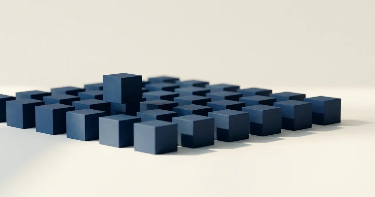 Grille de petits cubes bleu marine identiques, l'un légèrement surélevé au-dessus des autres.