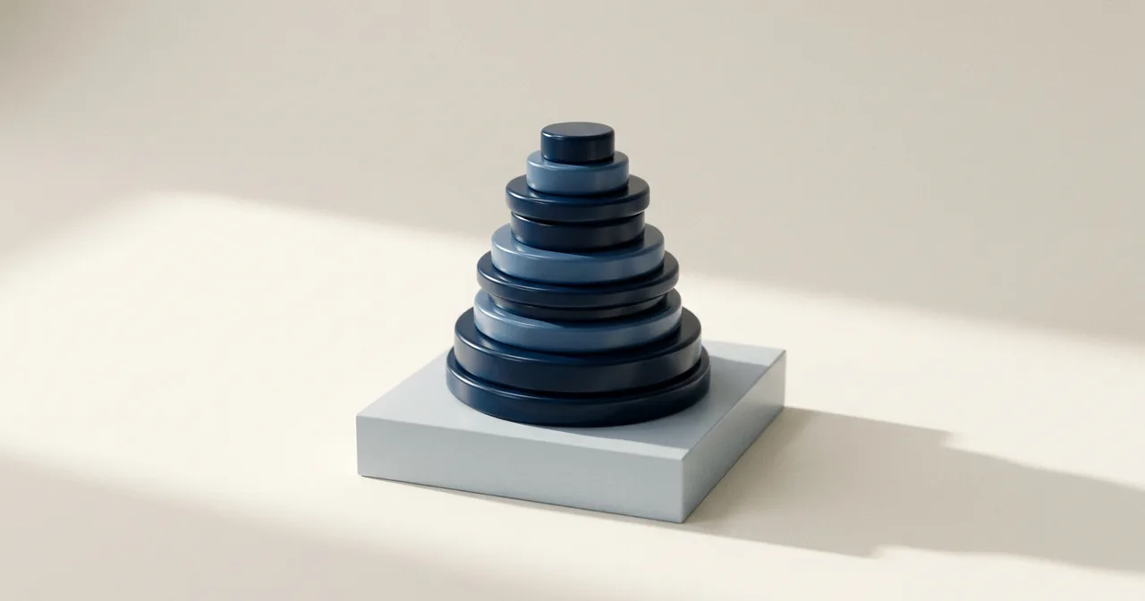 Empilement sculptural de disques marine et bleu acier de diamètres décroissants.