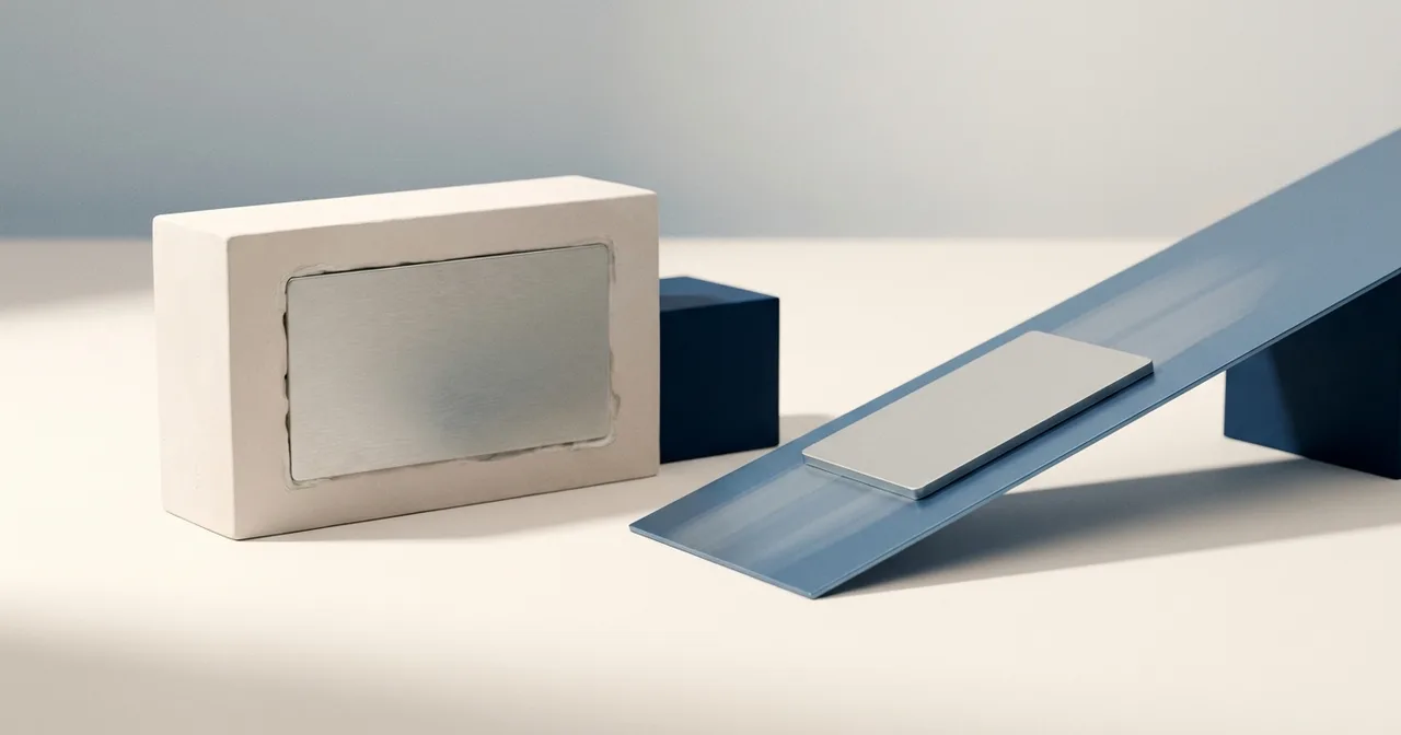 Une plaque de métal scellée dans un socle de plâtre clair, à côté d'une seconde plaque libre glissant sur un plan incliné bleu acier.