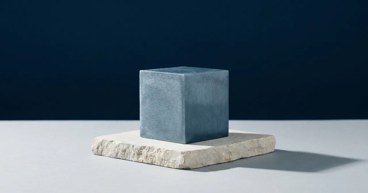 Un lourd cube d'acier brossé posé bien à plat au centre d'une dalle de pierre claire, ombre nette et immobile, sur fond bleu marine.
